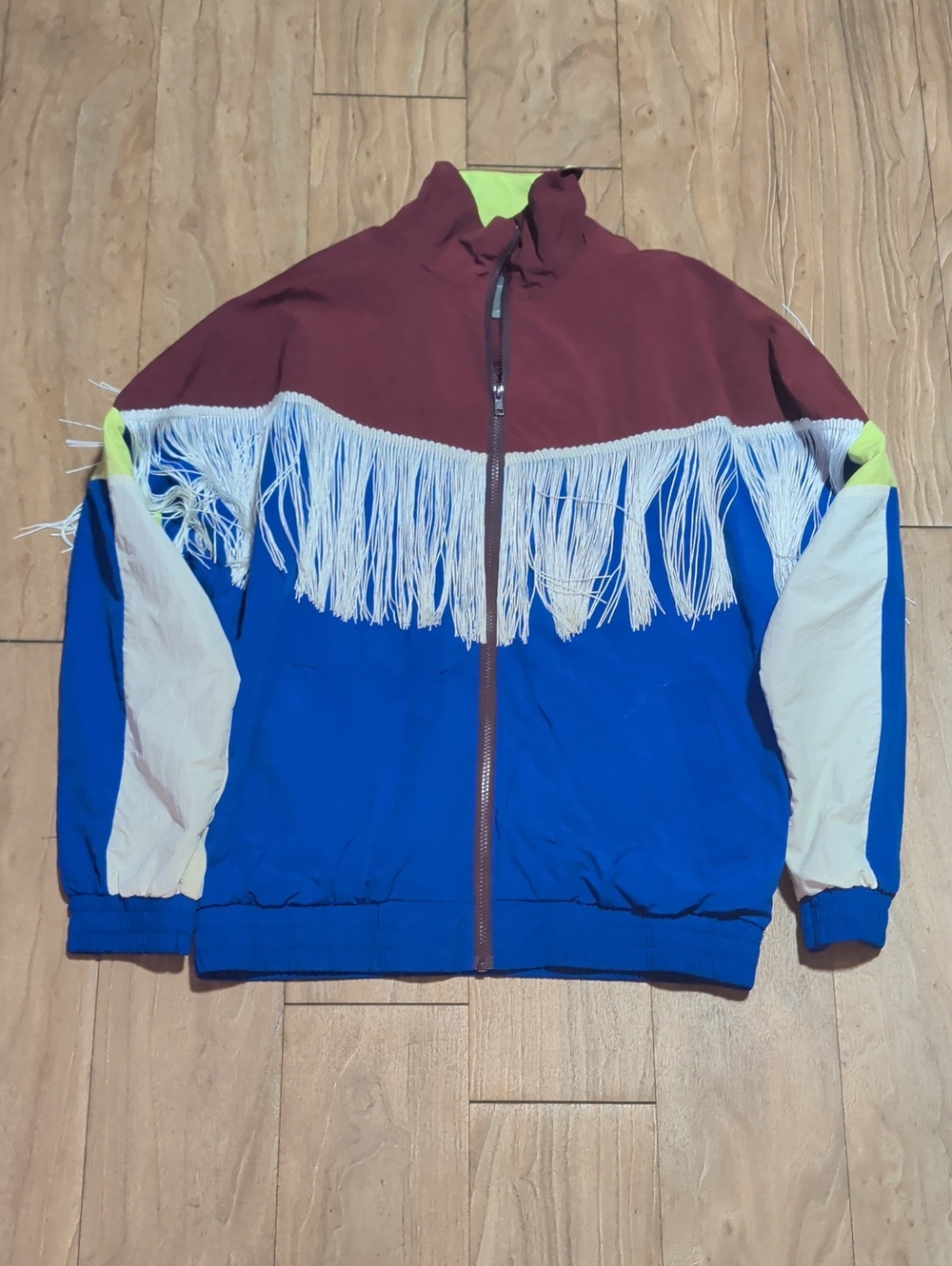 ASOS Multicolor Fringe Windbreaker - Blue/Burgundy/White/Neon Yellow
